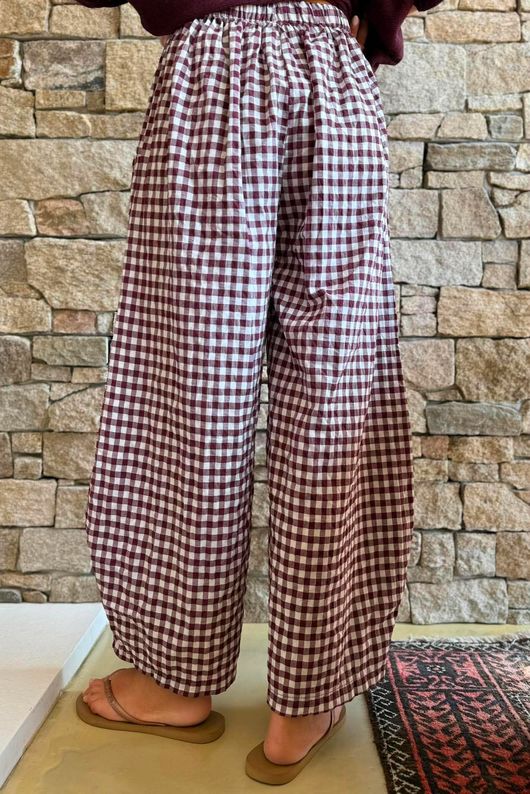 Nonni Gingham Relaxed Barrel Pant Aubergine